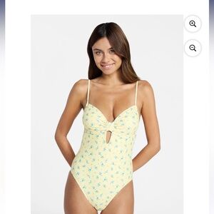 Yellow Floral One-Piece Swimsuit NWT - delicate blue flowers - Key Hole - padded